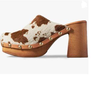 YDN White Brown Cow Platform Slip On Clogs Cork High Heel Round Toe Rivet Mules